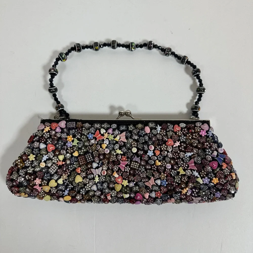 Beaded Evening‎ Clutch Colorful Kiss Lock Chain Strap Maximalist Whimsical